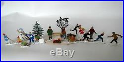 16 Hand Painted Lead Figures German Heinrichsen Skier Skater Sled Snowman Trees
