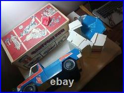 1970's Ideal Evel Knievel Canyon Rig, truck, camper, 2 figures, box, parts lot