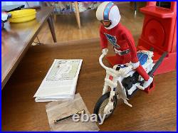 1975 Ideal EVEL KNIEVEL Stunt Cycle Figure, Energizer, Swagger Stick & Stunt Bar