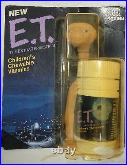 1983 vintage E. T. Et UNUSED TOY FIGURE w SQUIBB CHILDREN VITAMINS moc contents