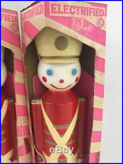 2 Vintage Electric Light Up Christmas Union 1950s Toy Soldier + Box Blow Mold