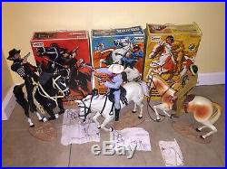 3 Vintage Gabriel Lone Ranger Figures & Horses With Box Tonto Butch Silver Smoke