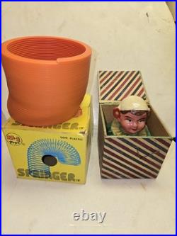 4 Toys, 1920s Wood Pulp Jack In The Box Germany, Stevens Gyroscope, Springer Slinky