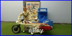 70's VINTAGE EVEL KNIEVEL Figure + Jet Cycle + Blue Launcher + original ad