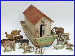 ANTIQUE WOOD TOY NOAH'S ARK TOY with 19 FIGURES