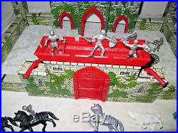 Antique 1950 Marx Prince Valiant Castle Fort Set Tin toy Litho Plastic figures