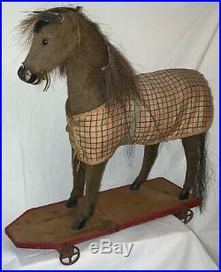 Antique German Large Pull Toy Horse On Wheeled Platform