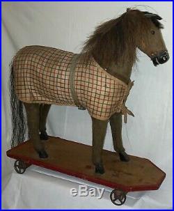 Antique German Large Pull Toy Horse On Wheeled Platform