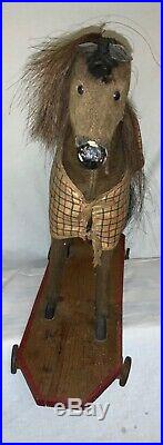 Antique German Large Pull Toy Horse On Wheeled Platform