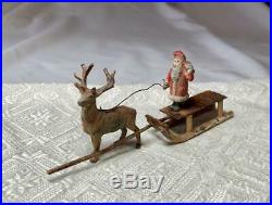 Antique Santa Reindeer Sleigh Germany Metal Heyde Miniature Rare c1900