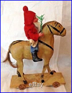 Antique Santa Riding Horse Pull Toy W Tin Wheels German Christmas Decoration