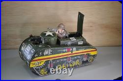 Antique Toy Tank Tin Wind-up Action Toy With Key Pop-up Gunner 1950 Mar Toys