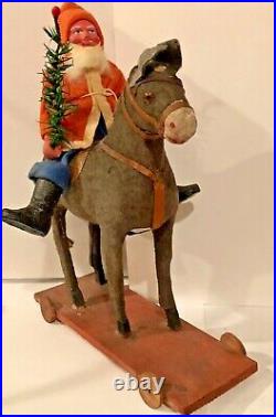 Antique VIntage Composition Santa On Donkey Pull Toy Glass Eyes Germany