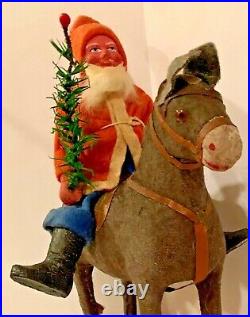 Antique VIntage Composition Santa On Donkey Pull Toy Glass Eyes Germany
