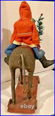 Antique VIntage Composition Santa On Donkey Pull Toy Glass Eyes Germany