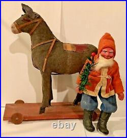 Antique VIntage Composition Santa On Donkey Pull Toy Glass Eyes Germany