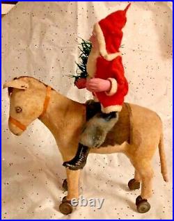 Antique VTG Composition Santa Riding Cloth Glass Eyed Donkey On Wheels Pull Toy