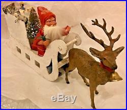 Antique VTG Santa In A Mica Candy Container Sled W Metal Deer Toys Tree German