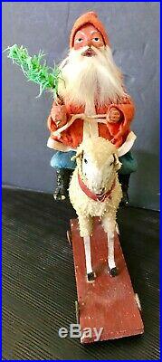 Antique Vintage Santa Candy Container Riding Woolly Sheep Pull Toy German