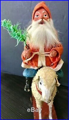 Antique Vintage Santa Candy Container Riding Woolly Sheep Pull Toy German