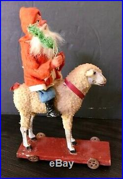 Antique Vintage Santa Candy Container Riding Woolly Sheep Pull Toy German