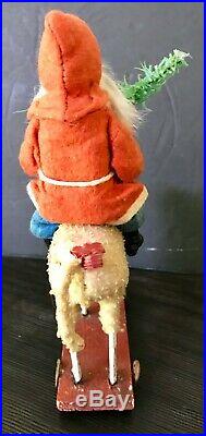 Antique Vintage Santa Candy Container Riding Woolly Sheep Pull Toy German