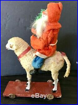 Antique Vintage Santa Candy Container Riding Woolly Sheep Pull Toy German