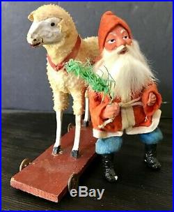 Antique Vintage Santa Candy Container Riding Woolly Sheep Pull Toy German