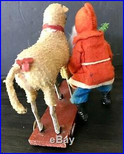 Antique Vintage Santa Candy Container Riding Woolly Sheep Pull Toy German