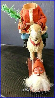 Antique Vintage Santa Candy Container Riding Woolly Sheep Pull Toy German
