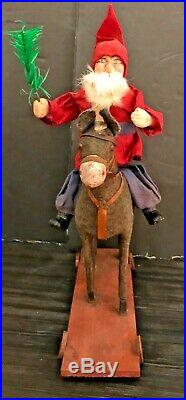 Antique Vintage Santa Riding Cloth Covered Glass Eyed Donkey Pull Toy German