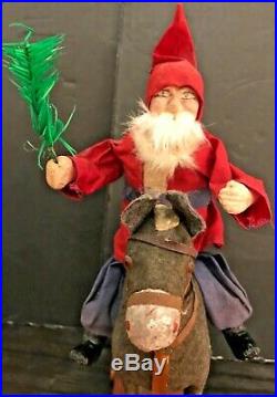 Antique Vintage Santa Riding Cloth Covered Glass Eyed Donkey Pull Toy German