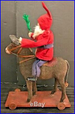 Antique Vintage Santa Riding Cloth Covered Glass Eyed Donkey Pull Toy German