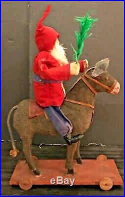 Antique Vintage Santa Riding Cloth Covered Glass Eyed Donkey Pull Toy German