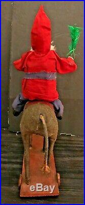 Antique Vintage Santa Riding Cloth Covered Glass Eyed Donkey Pull Toy German