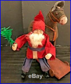 Antique Vintage Santa Riding Cloth Covered Glass Eyed Donkey Pull Toy German