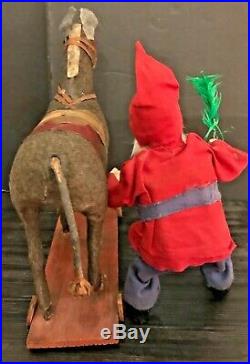 Antique Vintage Santa Riding Cloth Covered Glass Eyed Donkey Pull Toy German