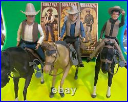 BONANZA All (3) Figures BEN, HOSS & JOE with BOXES and HORSES American Character