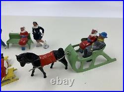 Barclay Manoil Winter Sports Lead Toy Figure Lot Skaters Skiers Sleds Sleghs