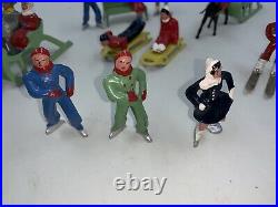 Barclay Manoil Winter Sports Lead Toy Figure Lot Skaters Skiers Sleds Sleghs