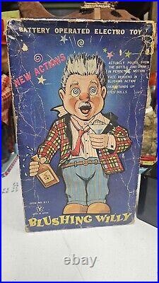 Blushing Willie The Bartender Toy Willy Vintage Tin Toy Working With Box