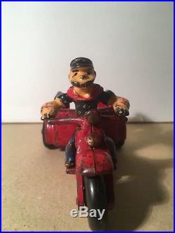 Cast iron Popeye figure w vintage Hubley Spinach delivery motorcycle 1930s toy
