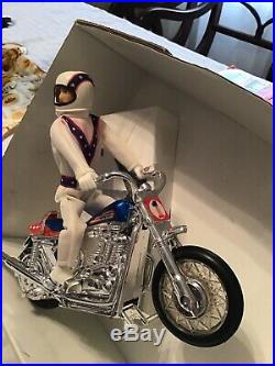 Evel Knievel Chrome Super Stunt Cycle Red Launcher Figure & Box