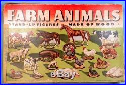 Farm Animals Toy Play Set 18 Wood & Litho Figures Metal Stands Whitman Vintage