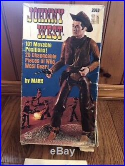 HUGE VINTAGE Louis Marx Johnny West Western 5 Action Figures 4 Horses Lot with Box