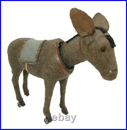 Large Antique Mohair Donkey Nodder On Wheels Germany Bobblehead Santa Christmas