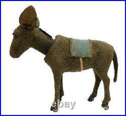 Large Antique Mohair Donkey Nodder On Wheels Germany Bobblehead Santa Christmas