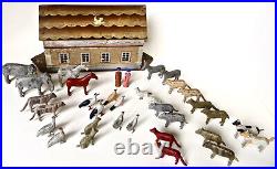 Late 19th Century Flat Bottom Toy Noah's Ark with 34 Figures. German Circa 1880