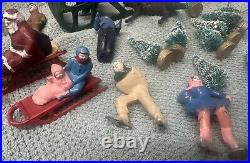 Lot LEAD BARCLAY Winter Scene Sled Skiers Skater Sleighs Trees Figures RARE Xmas