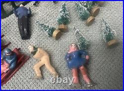 Lot LEAD BARCLAY Winter Scene Sled Skiers Skater Sleighs Trees Figures RARE Xmas